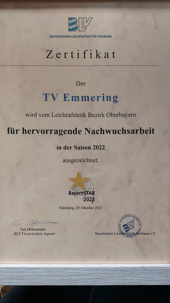 BayernSTAR für TV Emmering Leichtathletik Nachwuchsarbeit